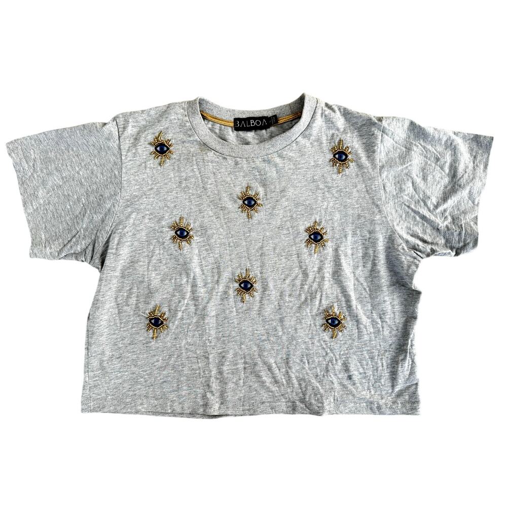 womens balboa size large Heather Grey Beaded Evil Eye Crop Top T-Shirt